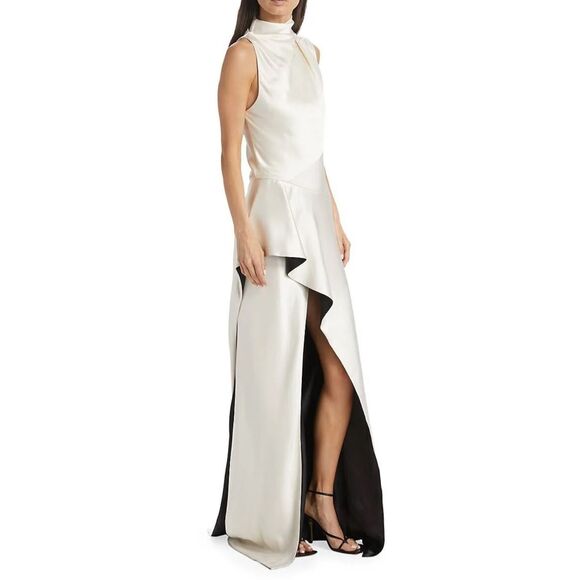 PRABAL GURUNG Sleeveless Hi-neck Side Cascade Gown In Gardenia Size 4 $2395 - Picture 2 of 14